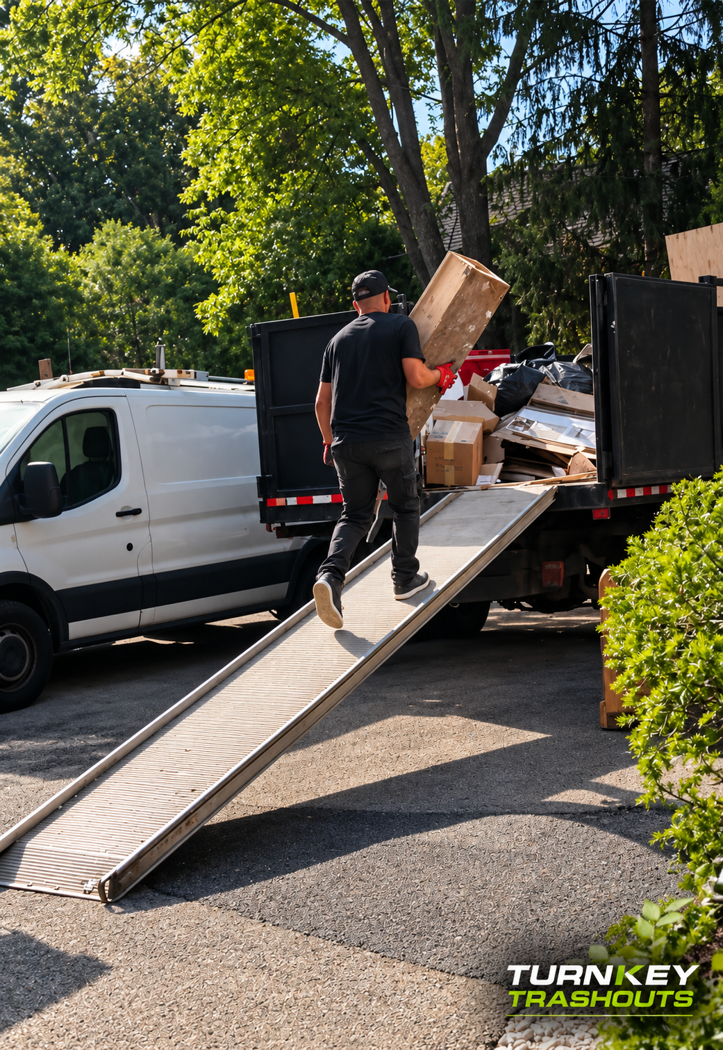 Turnkey Trashouts crew loading junk removal truck in Chicago